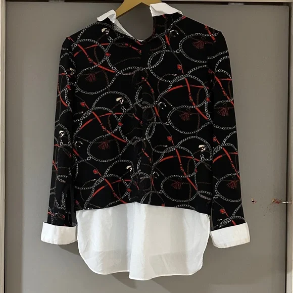 Black Equestrian Chain Print Blouse – Women’s Layered Horse Bit Pattern Top - Picture 5 of 5